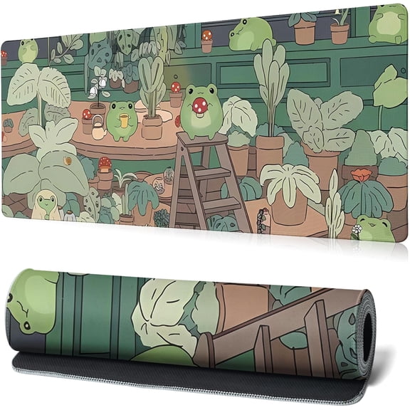 Green Bean Frog Mouse Pad Abstract Cute Frog Mouse Pad 31.5x11.8 Inch Kawaii Green Desk Decor Non-Slip Rubber Base Large Mousepad Stitched Edges Keyboard Mouse Mat Desk Pad for Office and Home