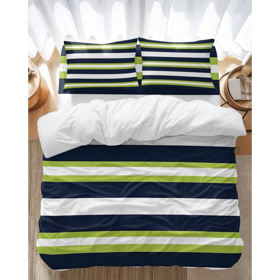 Green and Bedding Duvet Cover Set Full Size 4 Pieces Dark Blue Stripes Minimalist Abstract Striped Bedding Set with Zipper Closure, 1 Comforter Cover 86x86 Inches 1 Flat Sheet & 2 Pillow Cases