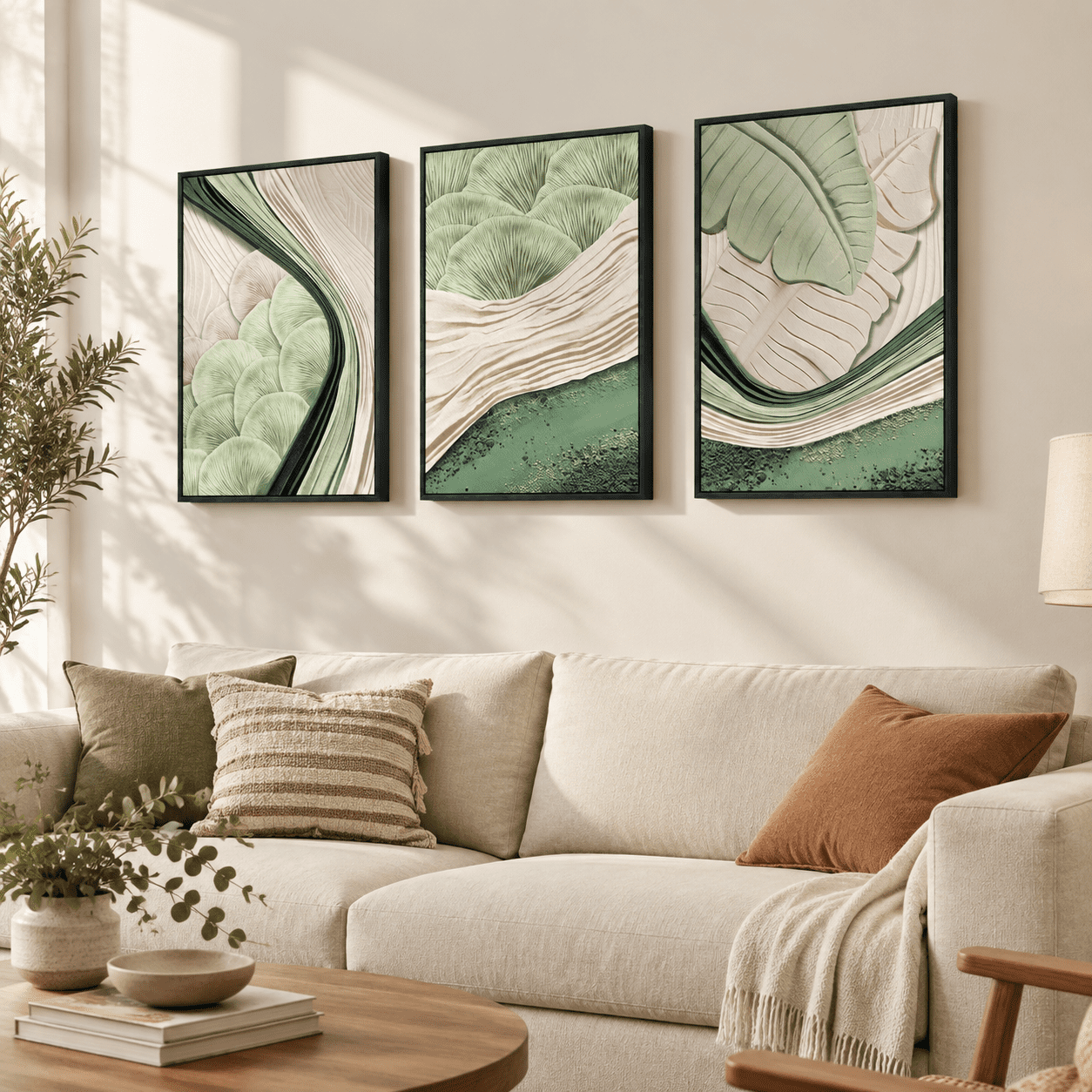 Framed Abstract Green Beige 16