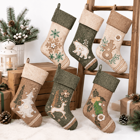 Green Beige 6 Pack Large 20 Inch Embroidered Rustic Christmas Stockings Holiday Decor