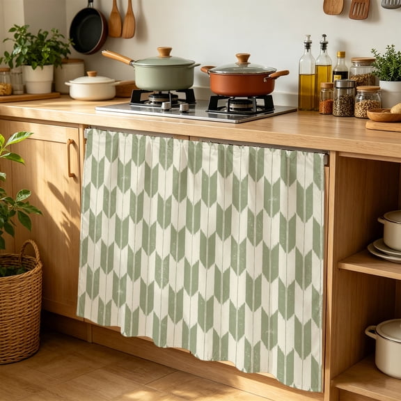 Green Beige Arrow Cabinet Curtains 35" W x 35" L Abstract Japanese Sage Green Beige Arrow Waterproof Adhesive Kitchen Under Sink Curtain Dust-Proof Dishwasher Skirt for Closet