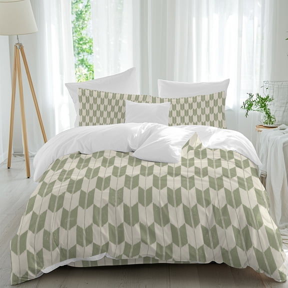 Green Beige Arrow Comforter Set Queen Size, Abstract Japanese Sage Green Beige Arrow Soft Bedding Set for Man Woman, 4 Pieces Duvet Cover Set with Fitted Sheet, 2 Pillowcases