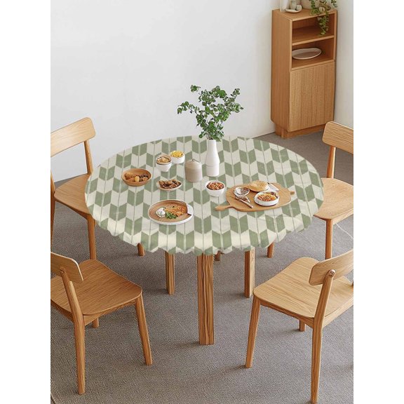 Green Beige Arrow Round Fitted Tablecloth with Elastic Edge, Abstract Japanese Sage Green Beige Arrow Waterproof Stretch Table Covers for 36"-44" Tables Wipeable Table Cloth for Outdoor