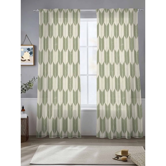 Green Beige Arrow Window Sheer Curtain Abstract Japanese Sage Green Beige Arrow Semi Curtain Sheers Light Filtering Rod Pocket Voile Drapes for Bedroom Kitchen Living Room 52 X 108 Inch, 2 Panels