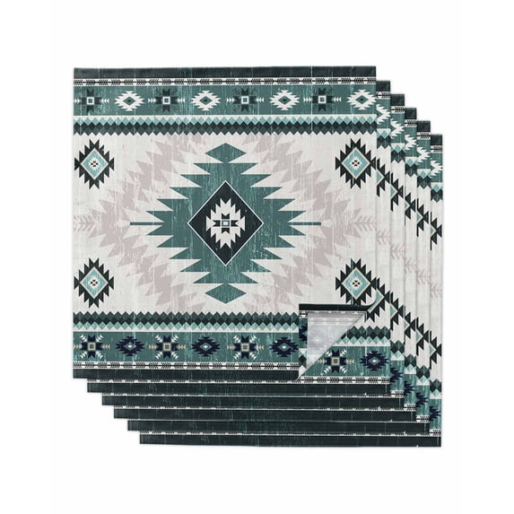 Green Beige Boho Cloth Napkins Set of 6 Reusable Dinner Napkins, Vintage Ethnic Tribal Southwestern Cocktail Napkin Washable Table Napkins for Wedding/Holiday Party/Baby Shower 20"x20"