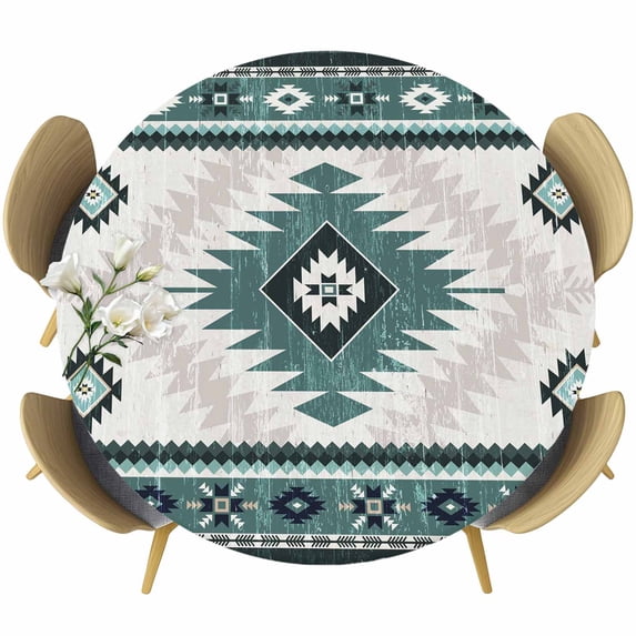 Green Beige Boho Round Tablecloth, Fitted Table Cover with Elastic for 55"-60" Round Tables, Vintage Ethnic Tribal Southwestern Table Cloth Outdoor Indoor Dinning Party Waterproof Tablecloths
