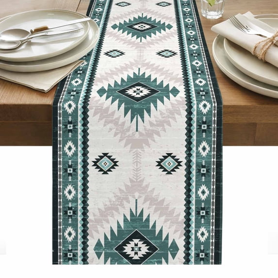 Green Beige Boho Table Runner - 120 Inch Long, Kitchen Dining Table Runner Dresser Scarves, Vintage Ethnic Tribal Southwestern Farmhouse Decor for Coffee Tables Wedding Party Banquet