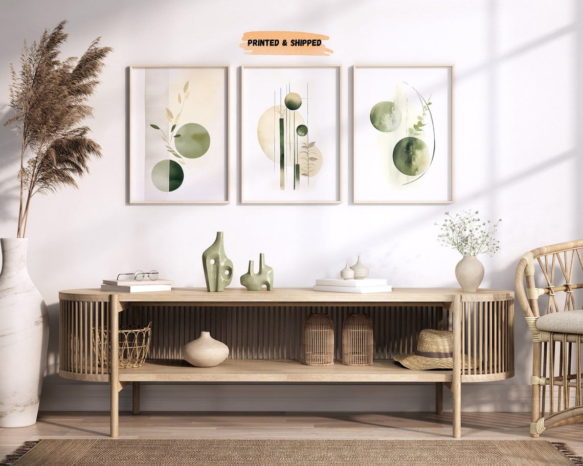 Green Beige Botanical Abstract Wall Art Set 3 Unframed Paper Print ...