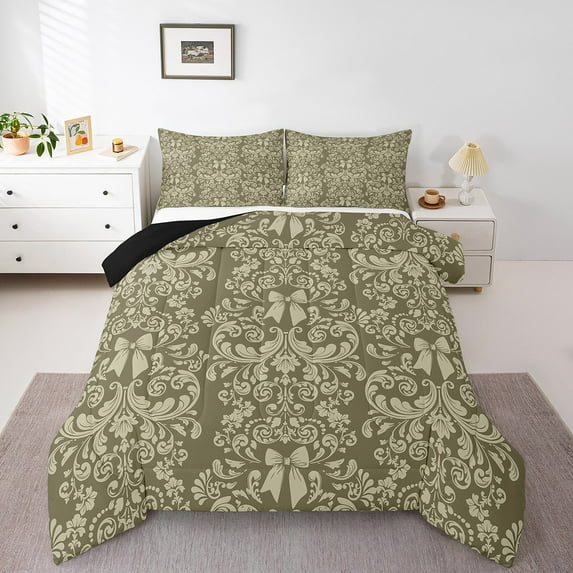 Green Beige Bow Knot Comforter Set Antique Victorian Damask Down Comforter,Bowknot King Bedding Set,Vintage Floral Gothic Duvet Insert Exotic Flowers Bohemian Baroque Decor