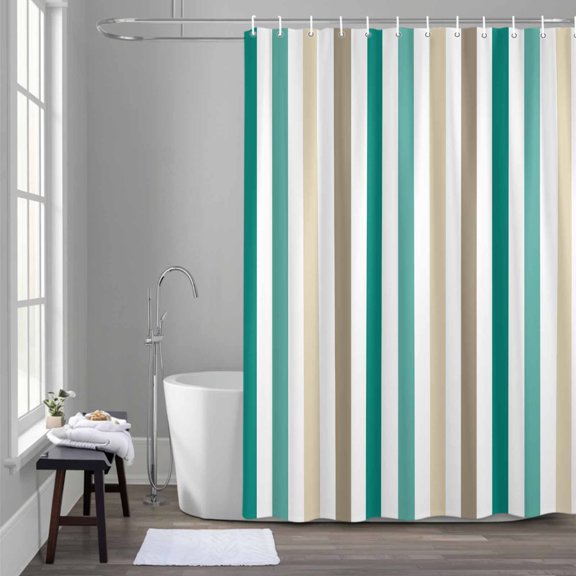 Green Beige Brown Stripes Shower Curtain for Bathroom Decor, Minimalist Vertical Striped Waterproof Fabric Shower Curtain, 66"x72" Set with 12 Hooks