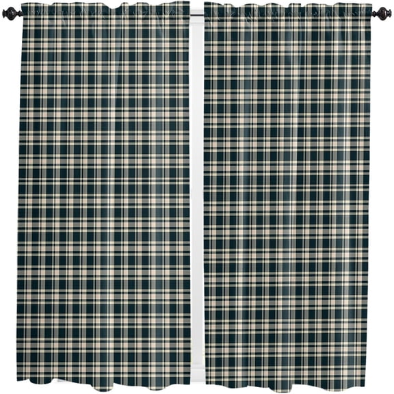 Green Beige Buffalo Plaid Kitchen Curtains 63 Inches Long, Farmhouse Checkered Window Curtains Panels for Bedroom/Bathroom/Nursery, Light Filtering Treatment Curtains Drapes 42"x63"