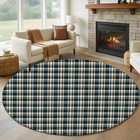 Green Beige Buffalo Plaid Round Area Rug 6 FT, Non Slip Bedroom Area Rug, Farmhouse Checkered Washable Soft Circular Carpet Non-Shedding Floor Mat for Kitchen Dining Room Home Office Kids Room