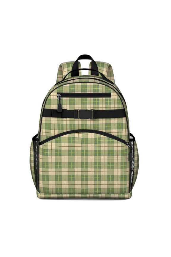 Green Beige Checkerboard Checkered Pattern Backpack for School,Cute School Bag,Schoolbag with Adjustable Shoulder Straps & Padded Back,15.25"x11.5"x5.25"