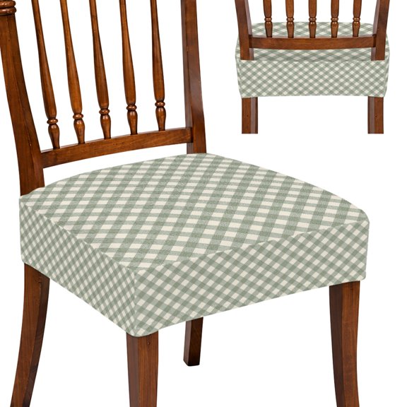 Green and Beige Checkered Chair Seat Covers Set of 2 Classical Sage Green Gingham Plaid Stretch Dining Chair Covers, Removable Chair Cushion Covers for Dining Room Kitchen Home Hotel