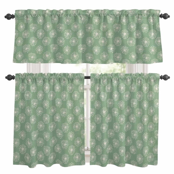 Green Beige Dandelion Kitchen Curtains Sets for Windows 36 Inch Length, Farmhouse Botanical Blossom Rod Pocket Window Treatments Tier Curtains and Valances Set for Bedroom/Bathroom