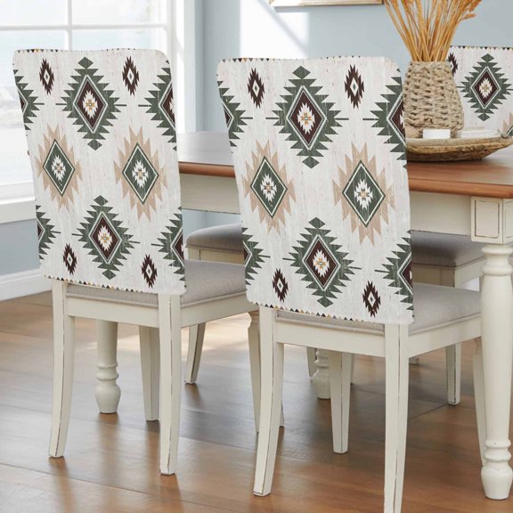 Green Beige Dining Chair Back Cover Only, Aztec Ethnic Southwestern Native Geometric Set of 4 Chair Back Covers, Removable Washable for Dining Room, Banquet & Holiday Decoration