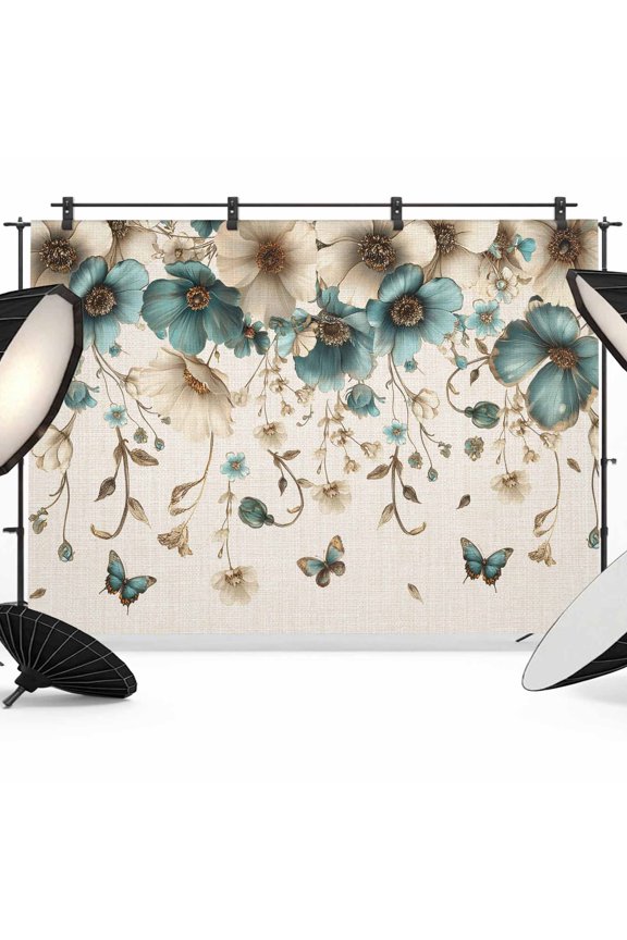 Green Beige Floral Backdrops for Photography, Country Vintage Garden Flowers Butterfly Leaf Fabric Photo Background Sturdy Studio Props for Photo Studio, Video Recording, Booth & Photoshoot 7x5ft