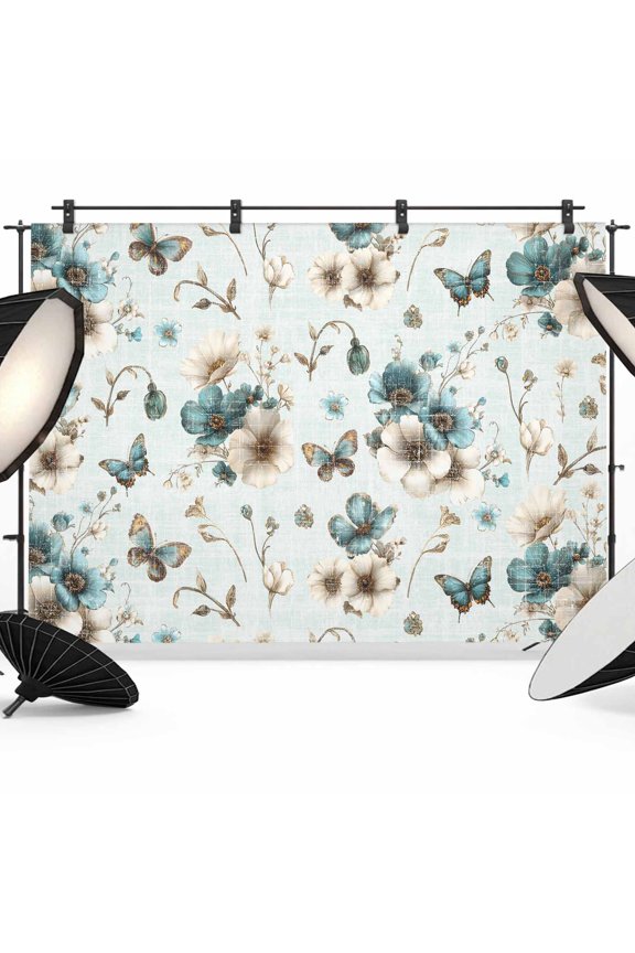 Green Beige Floral Backdrops for Photography, Rustic Garden Botanical Flowers Butterfly Leaf Fabric Photo Background Sturdy Studio Props for Photo Studio, Video Recording, Booth & Photoshoot 7x5ft