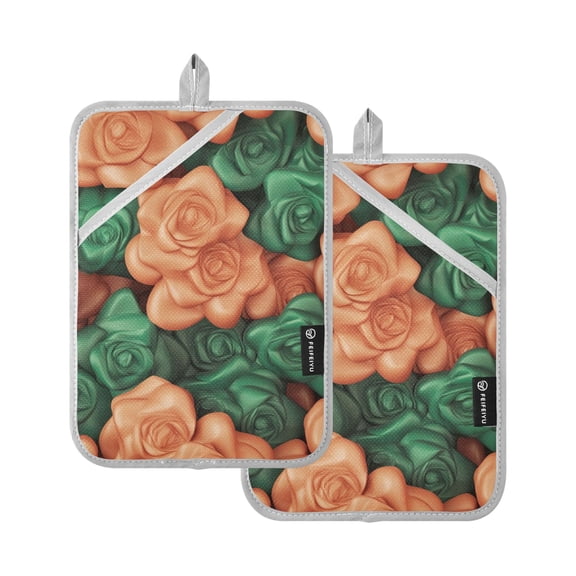 Green Beige Flowers Oven Mitts Pot Holders 2 pcs Heat Resistant for Kitchen Baking Grilling