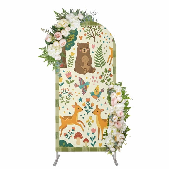 Green Beige Forest Animals Arch Backdrop Cover 5FT, Cartoon Deer Bears Botanical Spandex Fitted Stretchy Arch Stand Covers, Round Top Chiara Backdrop Cover for Wedding Party Birthday Baby Shower