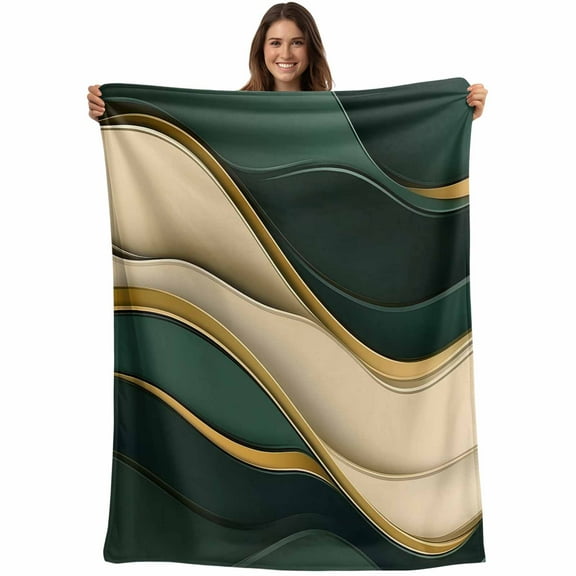 Green Beige Gold Throw Blankets, Abstract Lines Minimalist Soft Fleece Blanket Decorative for Home Sofa Couch Chair Living Bedroom, 30x40 Inches,