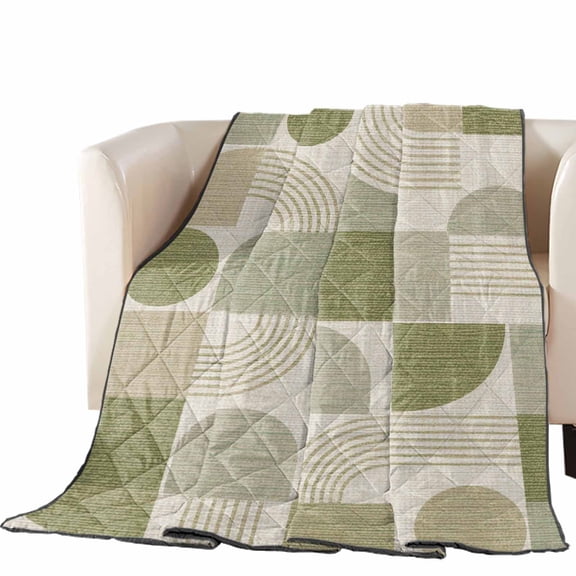 Green Beige Grid Blocks Quilted Comforters Cooling Blanket Full Size, Boho Abstract Minimalist Geometric Linen Texture Cold Comfort for Hot Sleepers Lightweight Air Conditioning Quilt Blanket for Bed