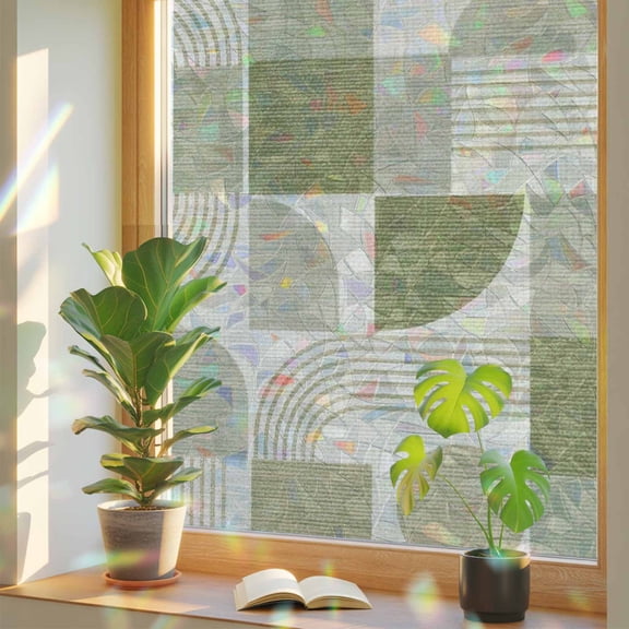 Green Beige Grid Blocks Window Privacy Film, Boho Abstract Minimalist Geometric Linen Texture Stained Glass Rainbow Film Decorative Window Clings, Static Cling Sun Blocking Stickers 17.7" x 39.3"