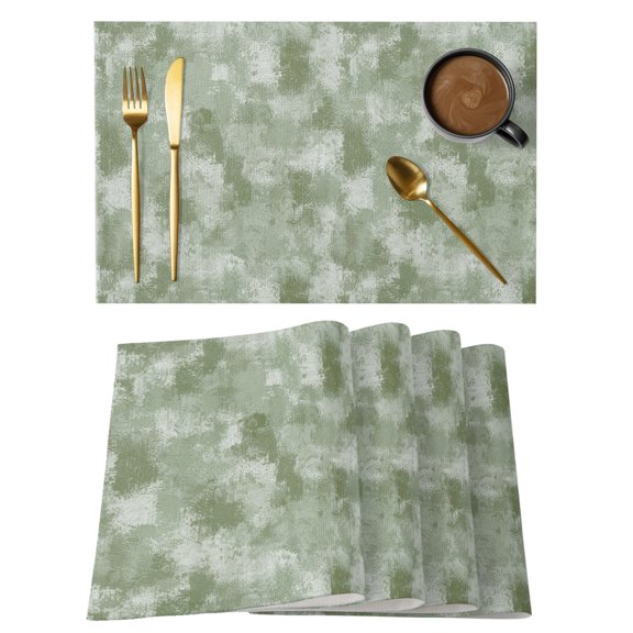 Green Beige Ink Splatters Cotton Linen Placemats Set of 6, Abstract Minimalist Vintage Rough Texture Washable Table Place Mats Heat Insulating Placemat for Dining Room Kitchen Daily Use 13 x 19 Inch