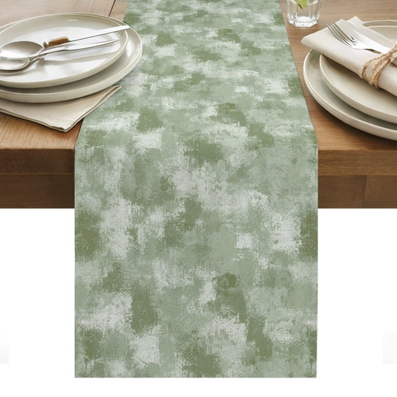 Green Beige Ink Splatters Cotton Linen Table Runner Abstract Minimalist Vintage Rough Texture Dining Table Runners for Home Decor Party Dining Room Restaurant Kitchen Party 13" x 36"