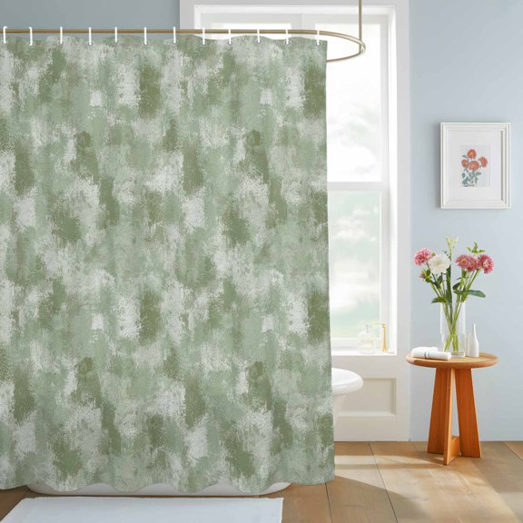 Green Beige Ink Splatters Shower Curtain, Abstract Minimalist Vintage Rough Texture Waterproof Washable Shower Curtain for Bathroom Bathtub Partition Bath Decoration Set with Hooks 36x72in