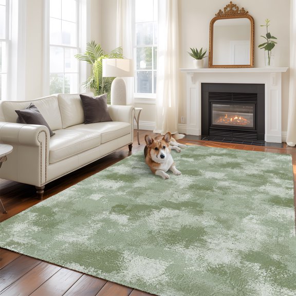 Green Beige Ink Splatters Washable Area Rug 8x10 Abstract Minimalist Vintage Rough Texture Low-Profile Large Area Rugs Non Slip Indoor Floor Carpet for Entrance Living Room Bedroom Home Office