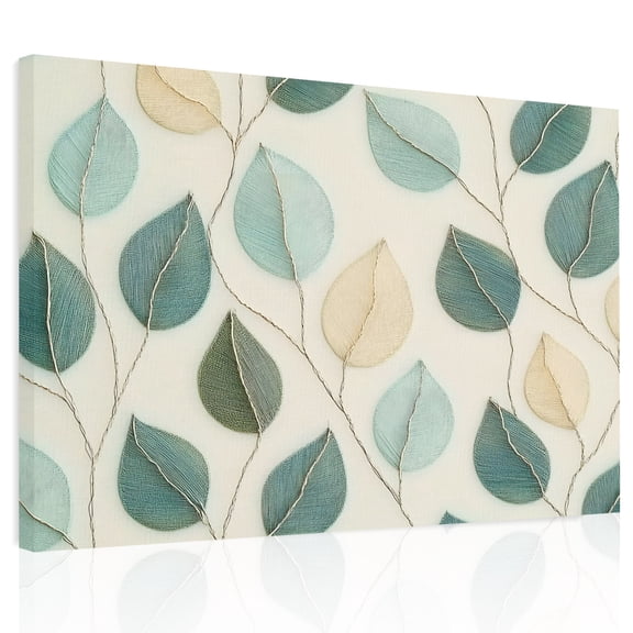Green Beige Leaves Canvas Print Wall Art, Branches Leaf Plant Embroidery Wall Decor Modern Artwork Paintings Pictures for Living Room Framed and Stretched Ready to Hang, 12" x 16"