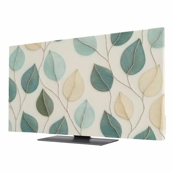 Green Beige Leaves TV Dust Cover 24 Inch, Branches Leaf Plant Embroidery Computer Monitor Cover Dustproof Stretchable Indoor TV Screen Protector for LED LCD Universal Monitors