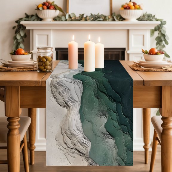Green Beige Mountain Table Runner 13x48 Inch Abstract Green Snow Mountain Landscape Cotton Linen Dining Table Runner Ideal for Dresser Kitchen Coffee Tables - Machine Washable