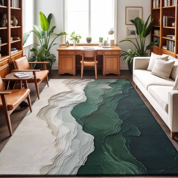 Green Beige Mountain Washable Area Rug 9 x 12 ft Abstract Green Snow Mountain Landscape, Soft Non Slip Rugs Stain Repellent Indoor Felt Carpet for Living Dining Room Bedroom Home Office