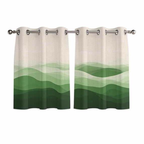 Green Beige Ombre Kitchen Curtains Short 54 Inch Length, Minimalist Ocean Waves Linen Grommet Top Bedroom Living Room Curtains, Light Filtering Cafe Curtain Drapes 2 Panels Set 84''x54''