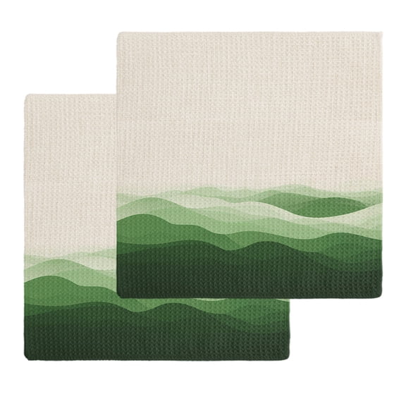 Green Beige Ombre Kitchen Dish Towels for Drying Dishes Set of 2, Minimalist Ocean Waves Linen Waffle Weave Microfiber Hand Tea Bathroom Towels Quick Dry & Absorbent Towel 12x12