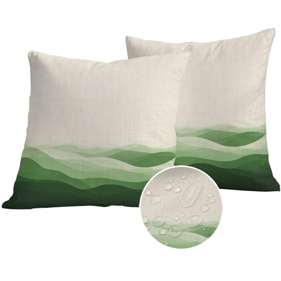 Green Beige Ombre Outdoor Pillow Covers 24x24 Set of 2,Waterproof Patio Throw Pillowcase Protectors,Minimalist Ocean Waves Linen Square Decorative Pillow Shams Cushion Covers for Seat Bed Couch Sofa