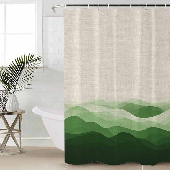 Green Beige Ombre Shower Curtain Set, Waterproof Shower Curtains for Bathroom, Minimalist Ocean Waves Linen Washable Fabric Cloth Bath Curtain for Bathtub Decoration with Hooks 66x72 Inches