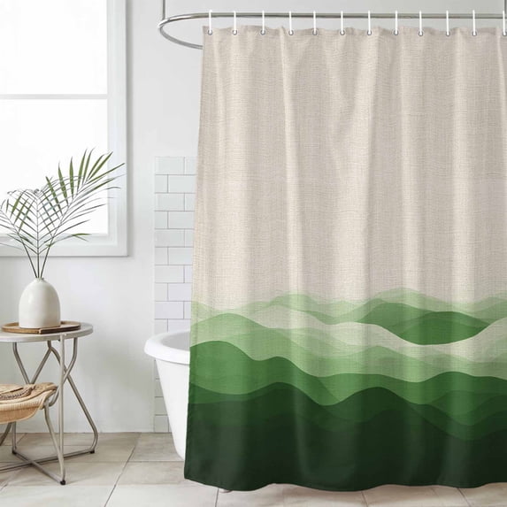 Green Beige Ombre Waterproof Fabric Shower Curtain,Minimalist Ocean Waves Linen Waterproof Fabric Shower Curtain for Bathroom Curtains Bathtubs Hotel Shower Curtains with 12 Hooks Standard 60x72