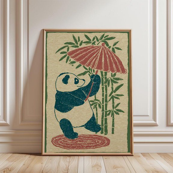 Green Beige Panda Bamboo Poster, Unframed Paper Poster 8x10in