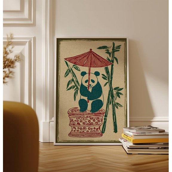 Green Beige Panda Poster, Folk Style Animal Art, Bamboo Umbrella Design, Poster Only