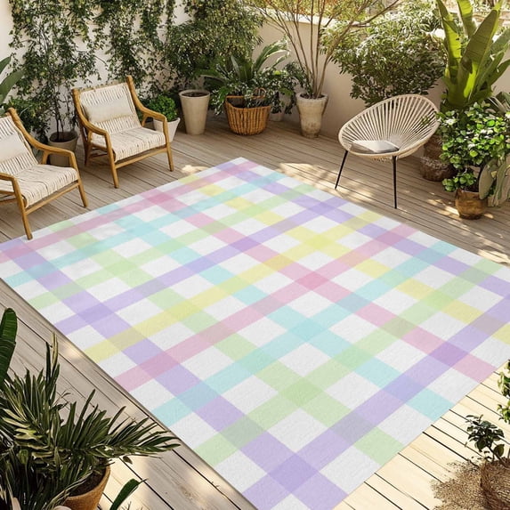 Green Beige Plaid Outdoor Rug for Patio/Deck/Porch, Non-Slip Large Area Rug 5 x 8 Ft, Buffalo Farmhouse Art Checkered Indoor Outdoor Rugs Washable Area Rugs, Reversible Camping Rug Carpet Runner