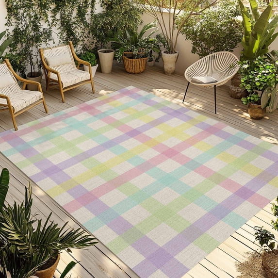 Green Beige Plaid Outdoor Rug for Patio/Deck/Porch, Non-Slip Large Area Rug 5 x 8 Ft, Farmhouse Art Checkered Rustic Indoor Outdoor Rugs Washable Area Rugs, Reversible Camping Rug Carpet Runner
