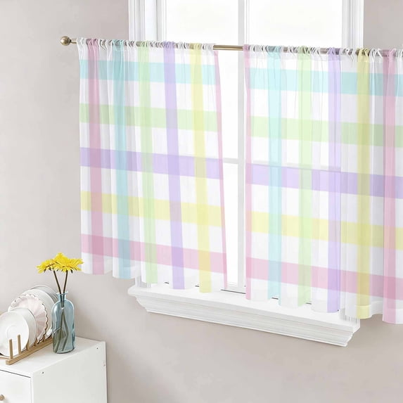 Green Beige Plaid Sheer Curtains 54 Inch Length 2 Panels Set Window Treatments, Buffalo Farmhouse Art Checkered Rod Pocket Semi Curtains for Living Room/Bedroom/Kitchen Décor, 104"W x 54"L