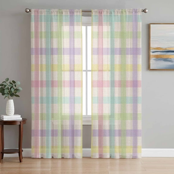 Green Beige Plaid Sheer Curtains 63 Inch Length 2 Panels Set Window Treatments, Farmhouse Art Checkered Rustic Rod Pocket Semi Curtains for Living Room/Bedroom/Kitchen Décor, 104"W x 63"L