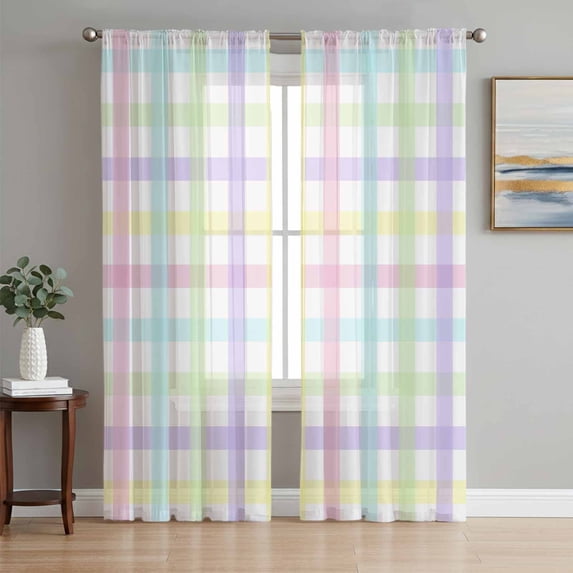 Green Beige Plaid Sheer Curtains 72 Inch Length 2 Panels Set Window Treatments, Buffalo Farmhouse Art Checkered Rod Pocket Semi Curtains for Living Room/Bedroom/Kitchen Décor, 104"W x 72"L
