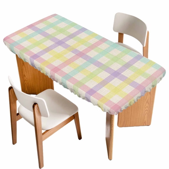 Green Beige Plaid Table Cloths for 6 Foot Rectangle Tables, Farmhouse Art Checkered Rustic Patio Waterproof Elastic Fitted Tablecloths, Washable Rectangular Table Cover for Camping