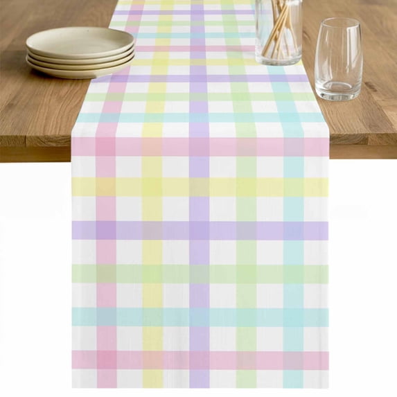 Green Beige Plaid Table Runner - 70 Inch Long Buffalo Farmhouse Art Checkered Cotton and Linen Blended Dress Scarves Farmhouse Table Runner for Kitchen Dining, Coffee Table, 13" x 70"