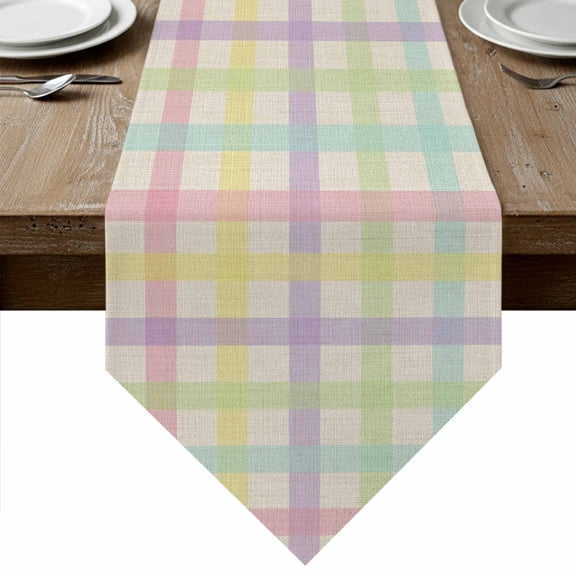 Green Beige Plaid Table Runner Linen Burlap Table Runner 48 Inches Long Farmhouse Art Checkered Rustic Dresser Scarves for Kitchen Island Coffee Dining Party Wedding Banquet Holiday Decor 13"x48"